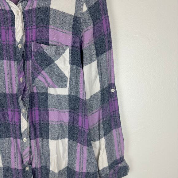 Caffe Marrakesh Womens Long Sleeve Button-Up Soft Grey/Purple Plaid Shirt Small - Picture 6 of 11